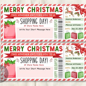 Plantilla editable de certificado de regalo de compras navideñas, boleto de cupón sorpresa para el día de compras navideñas, cupón de compras de Navidad imprimible