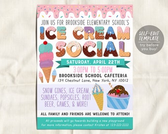 Ice Cream Social Flyer Editable Template, Teacher Appreciation Week, Summer Ice Cream Fundraiser Poster School, Church PTA PTO Printable