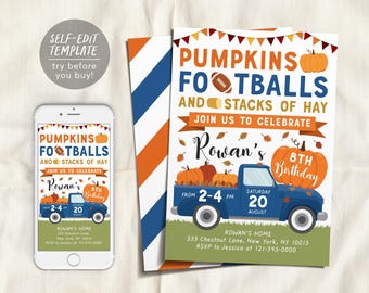 May include: A birthday invitation template featuring a blue pickup truck carrying pumpkins, with text reading PUMPKINS FOOTBALLS AND STACKS OF HAY, JOIN US TO CELEBRATE, Rowan's 8TH BIRTHDAY, 2-4 PM, 20 AUGUST, and address details on a green background.