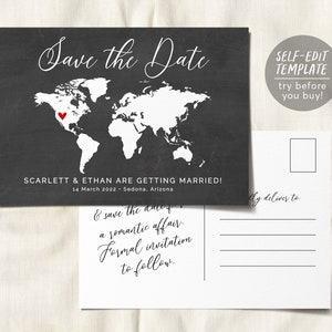 Matrimonio di destinazione modificabile Salva la data, Modello di lavagna Mappa del mondo Cartolina fai-da-te, Passaporto di viaggio Salva la data, Matrimonio a tema di viaggio