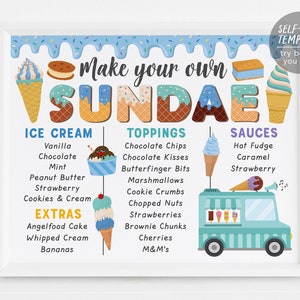 Make Your Own Sundae Menu Sign Editable Template, Ice Cream Boy Birthday Party Decorations Poster Bridal Shower Baby Shower Decor Printable