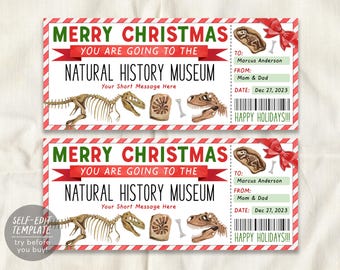 Szablon do edycji biletu do Muzeum Historii Naturalnej, świąteczny bon upominkowy na członkostwo w muzeum dla dzieci, świąteczny bon upominkowy na wycieczkę z dinozaurami