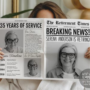 Pensioen krant bewerkbare sjabloon, pensioen partij krant boeket bloem wrap, werk verjaardag kaart poster cadeau gepensioneerde afdrukbare