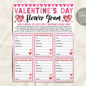 Valentine's Day Flower Gram Flyer Editable Template, Valentine Rose Flower Grams Fundraiser Event, PTA PTO School Nonprofit Church Community