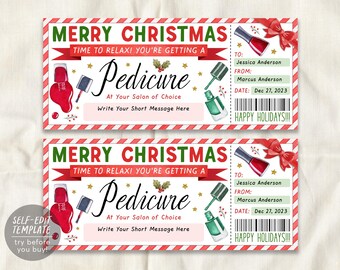 May include: A printable Christmas gift certificate template for a pedicure featuring red and green nail polish illustrations, a red ribbon, and text reading MERRY CHRISTMAS, TIME TO RELAX! YOU'RE GETTING A Pedicure, TO: Jessica Anderson, FROM: Marcus Anderson, DATE: Dec 27, 2023.