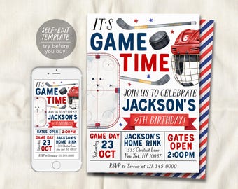 May include: A hockey-themed birthday invitation template featuring a red helmet, hockey sticks, a puck, and an ice rink graphic. The text reads IT'S GAME TIME, JOIN US TO CELEBRATE JACKSON'S 9TH BIRTHDAY, GAME DAY 23 OCT, and GATES OPEN 2:00PM.