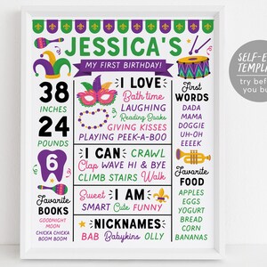 May include: A colorful printable first birthday chart for a girl named Jessica. The chart features a purple, green, and gold color scheme with Mardi Gras-themed decorations. It includes information about her height, weight, first words, favorite foods, and books.