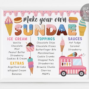 Make Your Own Sundae Menu Sign Editable Template, Ice Cream Girl Birthday Party Decorations Poster Bridal Shower Baby Shower Decor Printable