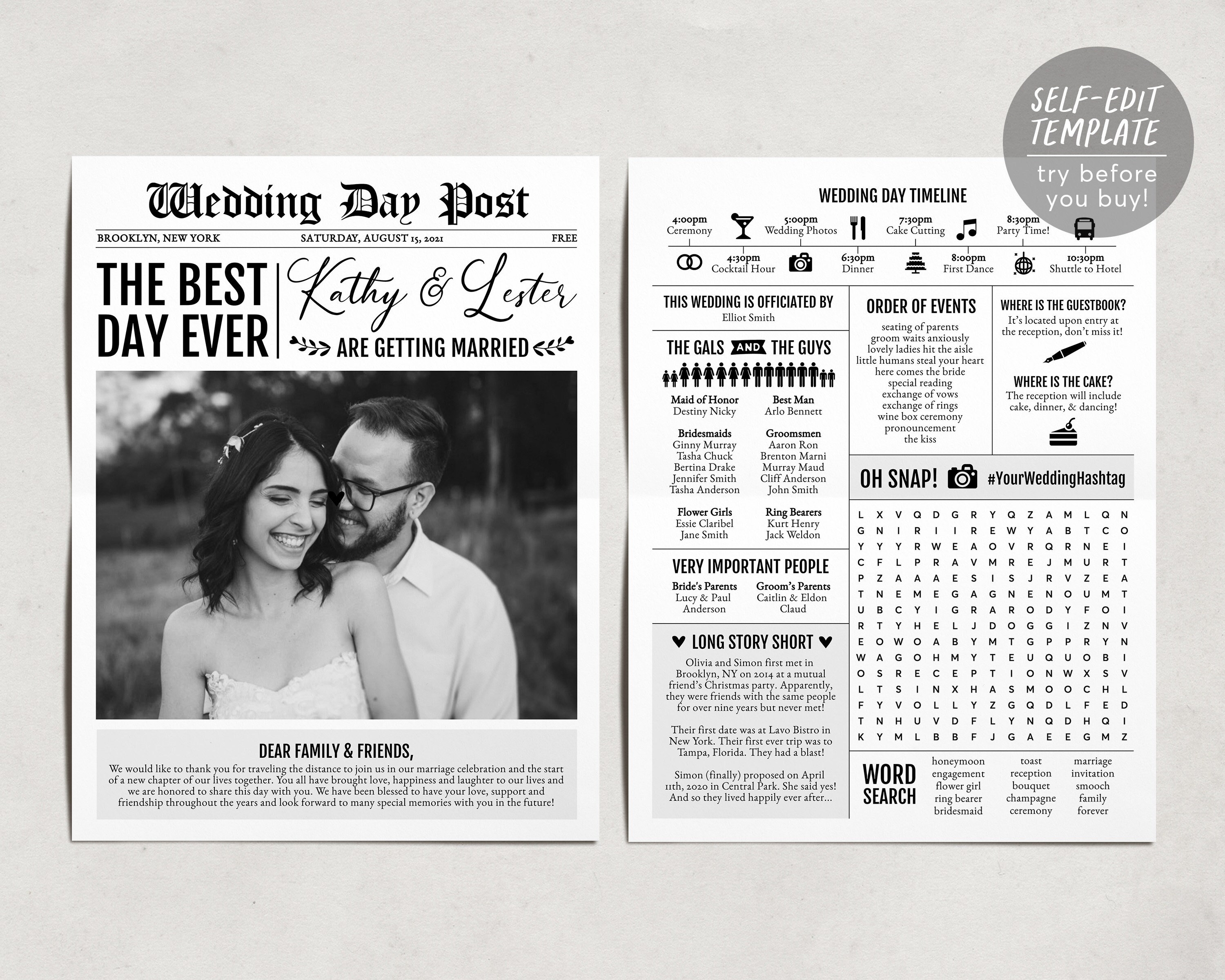 Newspaper Ceremony Program Template Editable Program Wedding Etsy UK