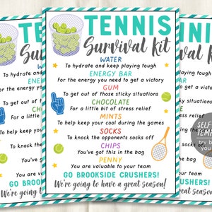 Tennis Survival Kit Geschenkanhänger Editierbare Vorlage, Tennisspieler Team Geschenkidee, Kinder Schule Sport Snack Leckerli Tags Team Wertschätzung