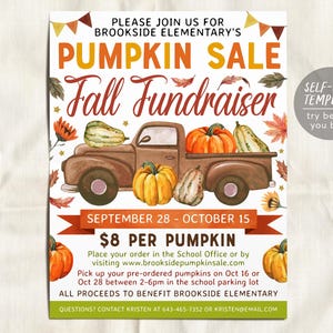 May include: A flyer for Brookside Elementary's Pumpkin Sale Fall Fundraiser. The design features a brown pickup truck filled with pumpkins and gourds. Text includes the sale dates, and a call to action to order pumpkins.