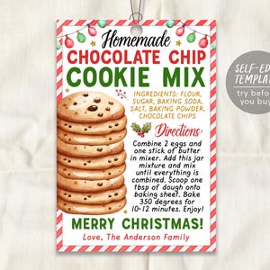 Peut inclure: Une étiquette cadeau de Noël imprimable avec une illustration aquarelle de biscuits aux pépites de chocolat. L'étiquette comprend le texte "Homemade Chocolate Chip Cookie Mix", "Ingrédients : Farine, Sucre, Bicarbonate de soude, Sel, Poudre à pâte, Pépites de chocolat", "Instructions : Mélanger 2 œufs et un bâton de beurre dans un batteur. Ajouter ce mélange en pot et mélanger jusqu'à ce que tout soit combiné. Déposer une cuillère à soupe de pâte sur une plaque à pâtisserie. Cuire à 350 degrés pendant 10 à 12 minutes. Bon appétit ! Joyeux Noël ! Avec amour, la famille Anderson", et "Modèle d'édition personnelle, essayez avant d'acheter !"