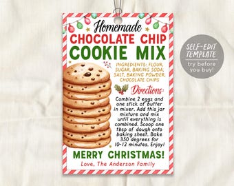 Cookie Mix in a Jar Gift Tag Editable Template, Christmas Chocolate Chip Cookie Recipe Favor Tag, Holiday Bake Sale Label, Mason Jar Label