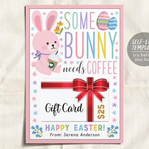 Pascua Un conejito necesita plantilla editable del titular de la tarjeta de regalo de café, Latte Frappe Relleno de cesta de regalo de Pascua Pastel Primavera Apreciación del maestro