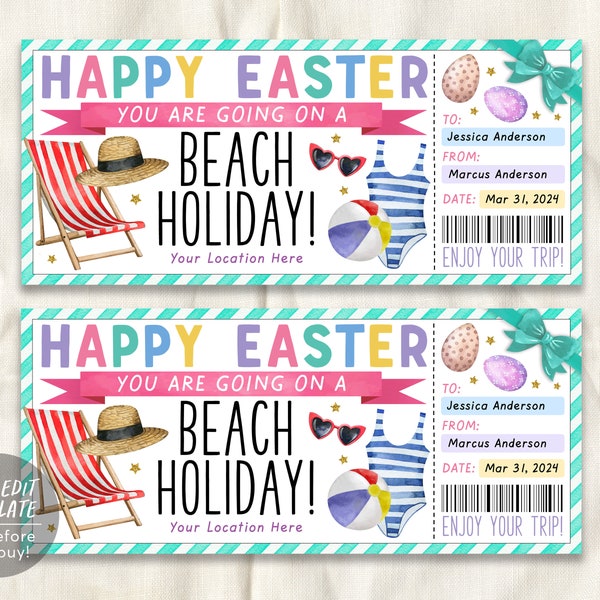 Easter Tropical Beach Vacation Ticket Editable Template, Spring Travel Weekend Getaway Gift Certificate For Kids, Holiday Resort Voucher