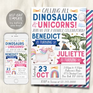 Dinosaurs and Unicorns Joint Siblings Birthday Invitation Editable Template, Boy Girl Twins Magical Dinosaur Unicorn Party Invite Evite