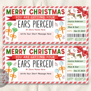 Könnte beinhalten: Ein druckbares Weihnachtsgeschenk-Zertifikat für ein Ohrpiercing. Das Zertifikat ist rot und weiß mit einem Zuckerstangen-Streifenmuster. Es zeigt ein Rentier, eine Schleife und ein Paar Ohrringe. Der Text lautet "Frohe Weihnachten, Du bekommst deine Ohren gestochen!" und "Frohe Feiertage!"