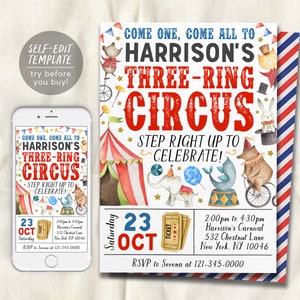May include: A printable invitation for a child's birthday party with a circus theme. The invitation features a red and white striped tent, a blue and white striped background, and a variety of circus animals, including an elephant, a bear, a rabbit, and a dolphin. The text on the invitation reads "Come one, come all to Harrison's Three-Ring Circus. Step right up to celebrate!" and includes the date, time, and location of the party.