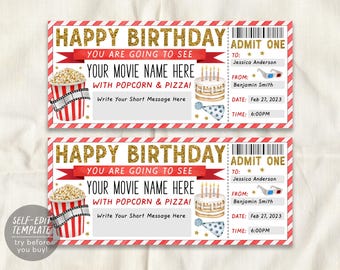May include: A rectangular birthday ticket template featuring red and white striped borders, gold glitter text reading HAPPY BIRTHDAY, and illustrations of a popcorn bucket, a birthday cake, 3D glasses, and a party hat with text fields.