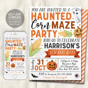 Op de afbeelding: Een printbare Halloween-partij uitnodiging met een aquarel illustratie van een maïsdoolhof, pompoenen en een spook. De tekst luidt "U bent uitgenodigd voor een Haunted Corn Maze Party. Doe met ons mee om Harrisons 5e Boo-Day te vieren!" De uitnodiging bevat de datum, tijd en locatie van het feest. Kostuums zijn aangemoedigd.