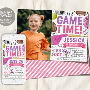 All Star Sports Birthday Invitation With Photo Editable Template, Girl It's Game Time Sports Party Invite Baseball Football Basketball Evite