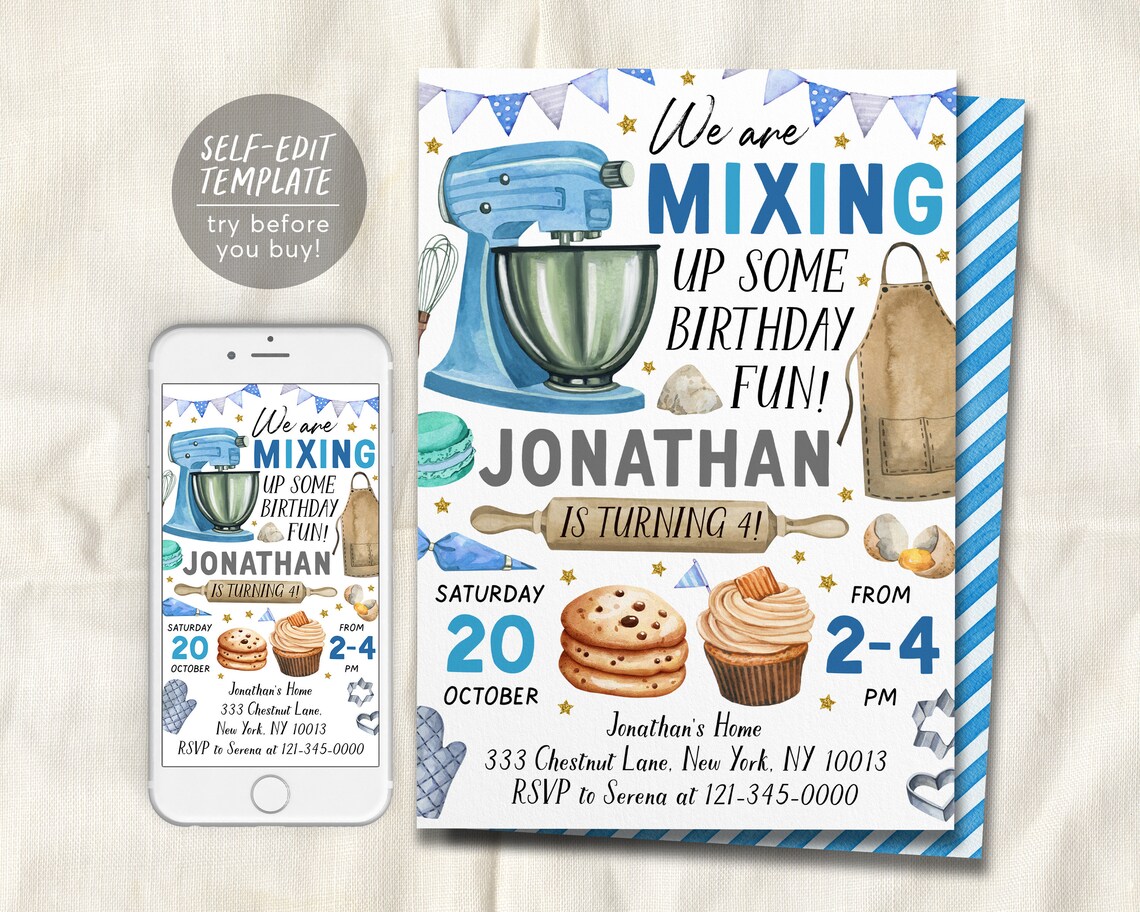 Baking Birthday Party Invitation Editable Template, Boy Unisex Chef ...