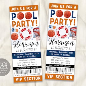 Basketball Pool Party Geburtstagsticket Bearbeitbare Vorlage, Sommersport Basketball Hinterhof Sommerparty Einladen Schwimmen Evite