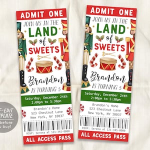 Redigerbar mall för inbjudningskort till Nötknäpparen, inbjudan till julfest för barn, sötsakernas land, vinterleksakssoldat