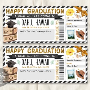 Modèle modifiable de carte d'embarquement de billet d'avion pour l'obtention du diplôme, voyage de remise des diplômes surprise à Hawaï pour un jeune diplômé, vacances à la plage tropicale