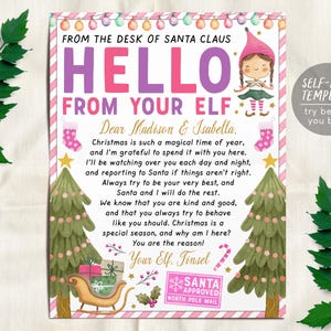 May include: A Christmas letter template titled Hello From Your Elf, featuring a cartoon elf, two green pine trees, a sleigh with gifts, and string lights. The text includes a message from Santa Claus and a Santa Approved North Pole Mail stamp.