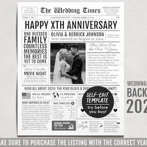 En 2024, plantilla editable de periódico de regalo de aniversario 1, 2, 3, 4, personalizado, boda de 1, 2, 3, 4 años para padres, esposo o esposa