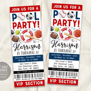 May include: Two rectangular pool party invitations featuring sports balls, a life preserver, and a baseball bat. Text includes JOIN US FOR A POOL PARTY, Harrison IS TURNING 5, date, time, address, and VIP SECTION with a barcode at the bottom.