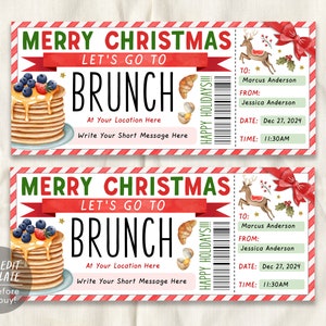Pode incluir: Um bilhete de convite para um brunch de Natal imprimível com um fundo listrado vermelho e branco. O bilhete apresenta uma ilustração em aquarela de uma pilha de panquecas com mirtilos e um laço vermelho. O texto no bilhete diz "Feliz Natal Vamos Brunchar" e inclui espaço para preencher os detalhes do evento, como a data, a hora e o local.