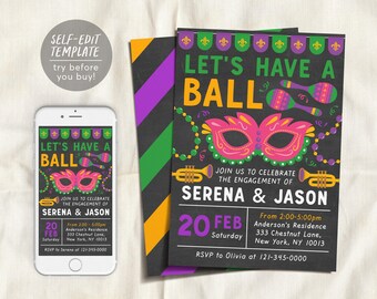 Bearbeitbare Vorlage für Einladungen zur Verlobungsfeier im Mardi-Gras-Stil, Einladung zum Junggesellinnenabschied „Let's Have A Ball“, Maskenball am Faschingsdienstag