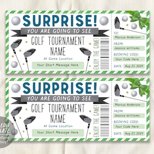 Golf Tournament Gift Ticket Editable Template, Surprise Golfing Golf Tour Sports Game Ticket, Golf Lover Voucher For Golfers Certificate