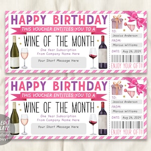 Wine Subscription Gift Certificate Editable Template, Birthday Surprise Wine Club Membership Voucher, Wine of the Month Coupon, Wine Tasting