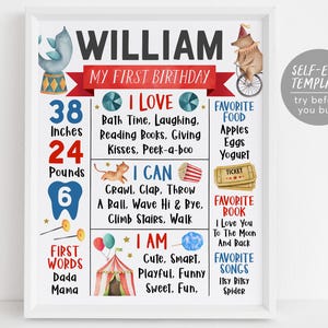 Circus First Year Milestone Sign Editable Template, Carnival Theme 1st Birthday Stats Poster, Circus Tent Come One Come All One Year Board