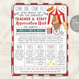 Circus Theme Teacher Appreciation Week Schedule Editable Template, Big Top Carnival Itinerary Staff Luncheon Newsletter Poster PTO PTA