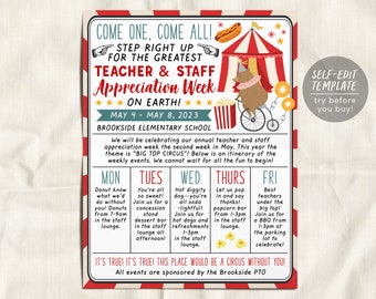 Circus Theme Teacher Appreciation Week Schedule Editable Template, Big Top Carnival Itinerary Staff Luncheon Newsletter Poster PTO PTA