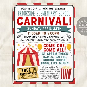 Carnival Fair Event Flyer Editable Template, Family Carnival School PTA PTO Flyer, Circus Party Church Business Charity Benefit Invitation