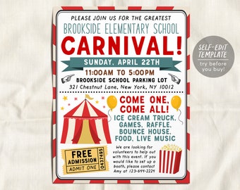 Plantilla editable del folleto del evento de la feria de carnaval, folleto de la PTO de la PTA de la escuela de carnaval familiar, invitación a beneficios benéficos empresariales de la iglesia del partido del circo