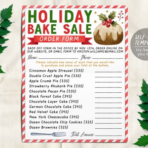 Holiday Bake Sale Order Form Editable Template, Christmas Fundraiser Pie Sale Order Form, Bakery Order Form, Product Sales School PTO PTA