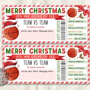 Plantilla editable de boleto de regalo de Navidad para juego de baloncesto, boleto para juego de deportes sorpresa de Navidad, certificado de regalo de vale de vacaciones imprimible