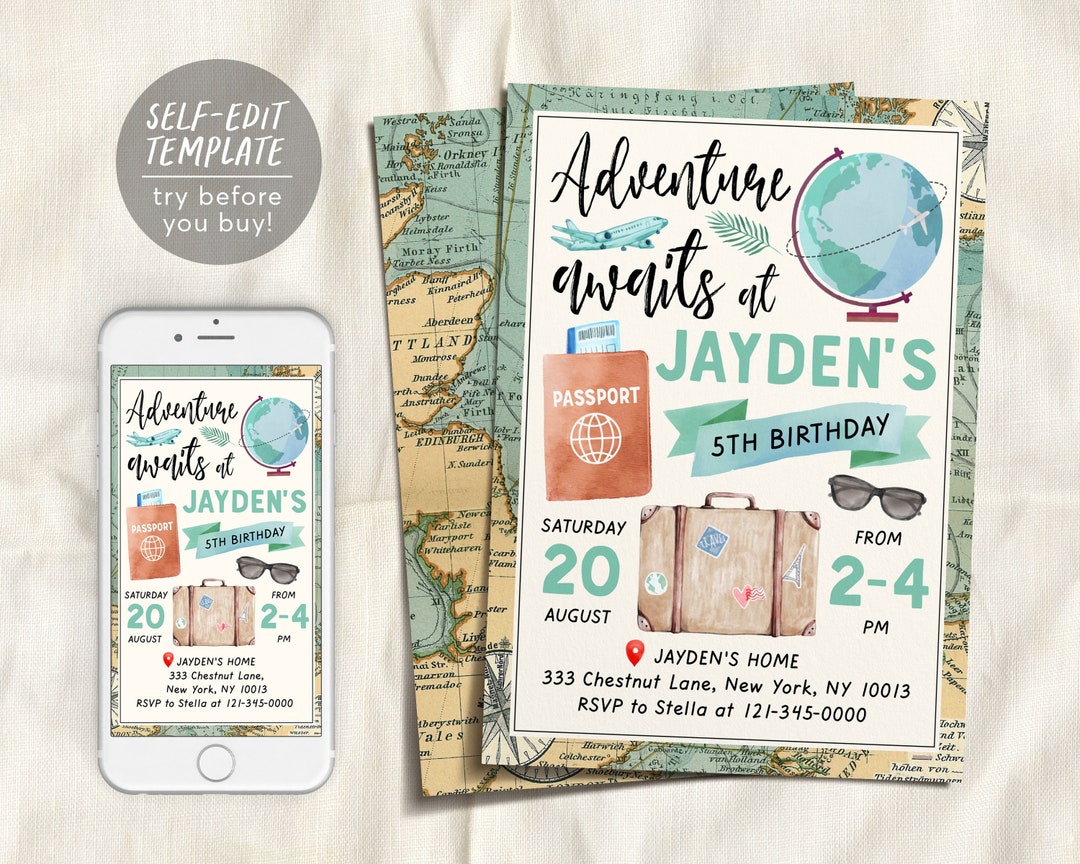 Adventure Awaits Travel Birthday Party Invitation Editable Template