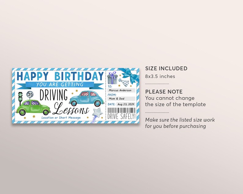 Driving Lessons Gift Certificate Editable Template, 17th Birthday ...