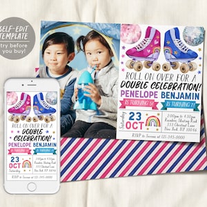 Roller Skating Joint Siblings Double Birthday Invitation With Photo Editable Template, Boy Girl Roller Skate Rink Party Invite Evite