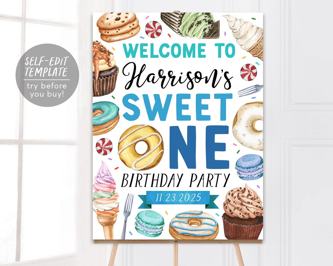 Sweet One Birthday Welcome Sign Editable Template, Boy Donut First ...