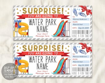 May include: A rectangular water park surprise ticket featuring gold glitter text reading SURPRISE! YOU ARE GOING TO, a blue castle, yellow and teal water slides, a red bow, blue flip-flops, and fields for names, date, and a barcode.