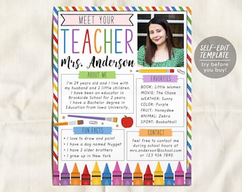 May include: A Meet Your Teacher flyer template featuring a photo of a woman, the name Mrs. Anderson, and sections for About Me, Favorites, Fun Facts, and Contact information. The border is decorated with colorful diagonal stripes and crayons.