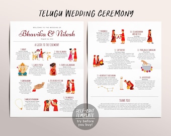 Può includere: Un programma di matrimonio bianco intitolato Telugu Wedding Ceremony per Bhavika e Nilesh, datato 15 agosto 2021. Il documento presenta quattordici sezioni numerate con illustrazioni e testo che spiegano i rituali di matrimonio.